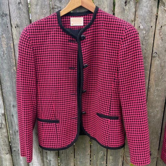 Vintage Pendleton Pure Virgin Wool Pink Black Houndstooth Diamond Jacket Blazer - Picture 1 of 6